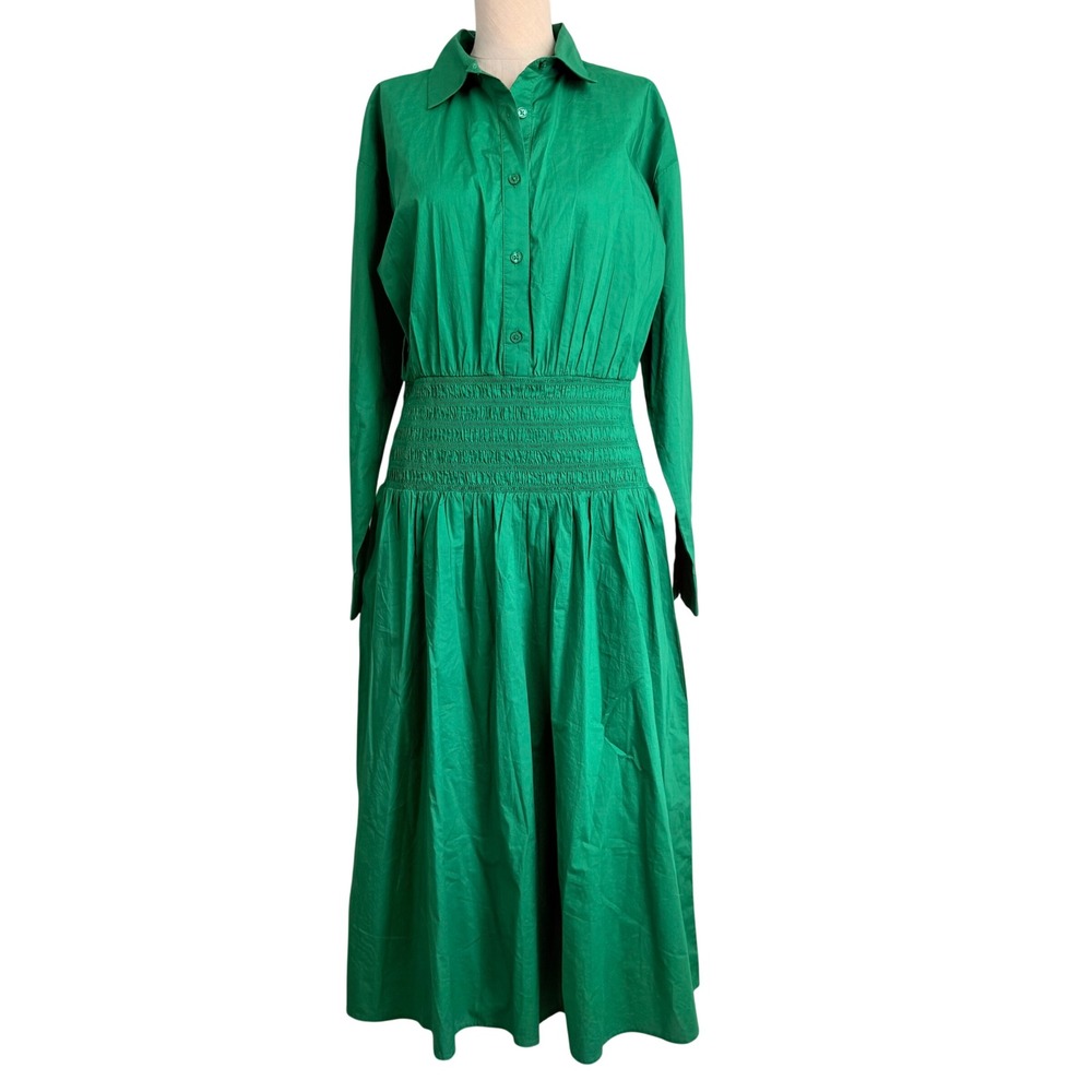 NWOT Ann Taylor Green Cotton Smocked Waist Midi Shirt Dress SP25 Womens 6